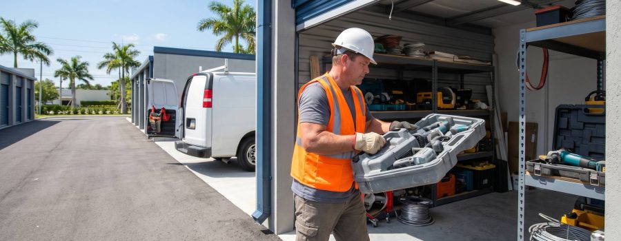 Contractor in safety vest loading power tools into a secure storage unit at Lake Worth Storage on Military Trail