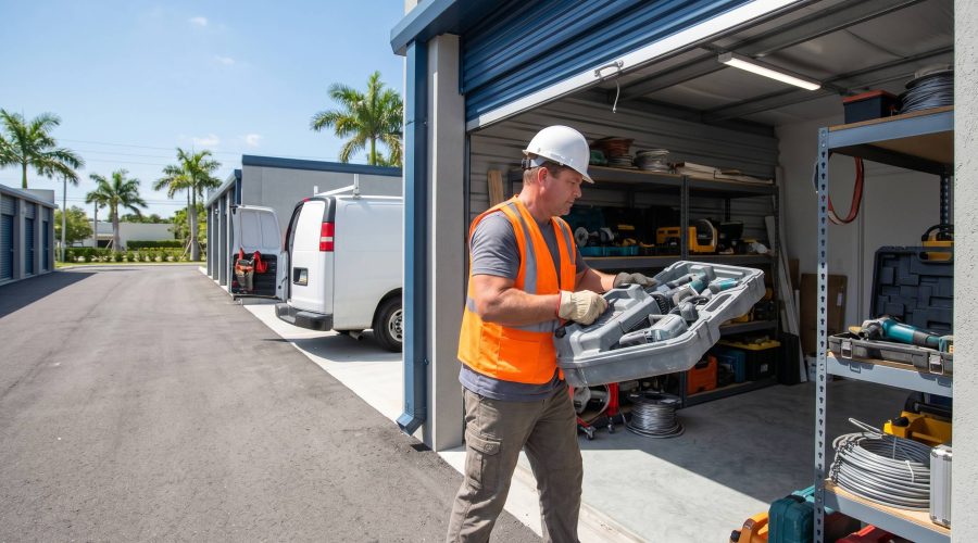Contractor in safety vest loading power tools into a secure storage unit at Lake Worth Storage on Military Trail