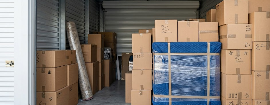 Organized storage unit with packed boxes and wrapped furniture for a Lake Worth downsizing move