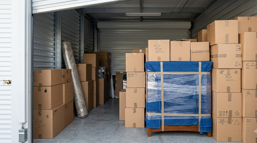 Organized storage unit with packed boxes and wrapped furniture for a Lake Worth downsizing move