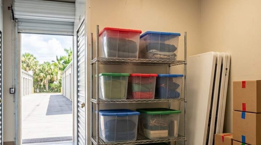 Organized climate controlled storage unit with stacked donation boxes, folding tables, and event supplies for a local charity.