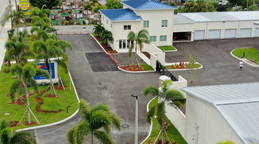 Aerial drone photo of the 6533 S Military Trail RV and boat storage facility in Lake Worth with monument sign visible